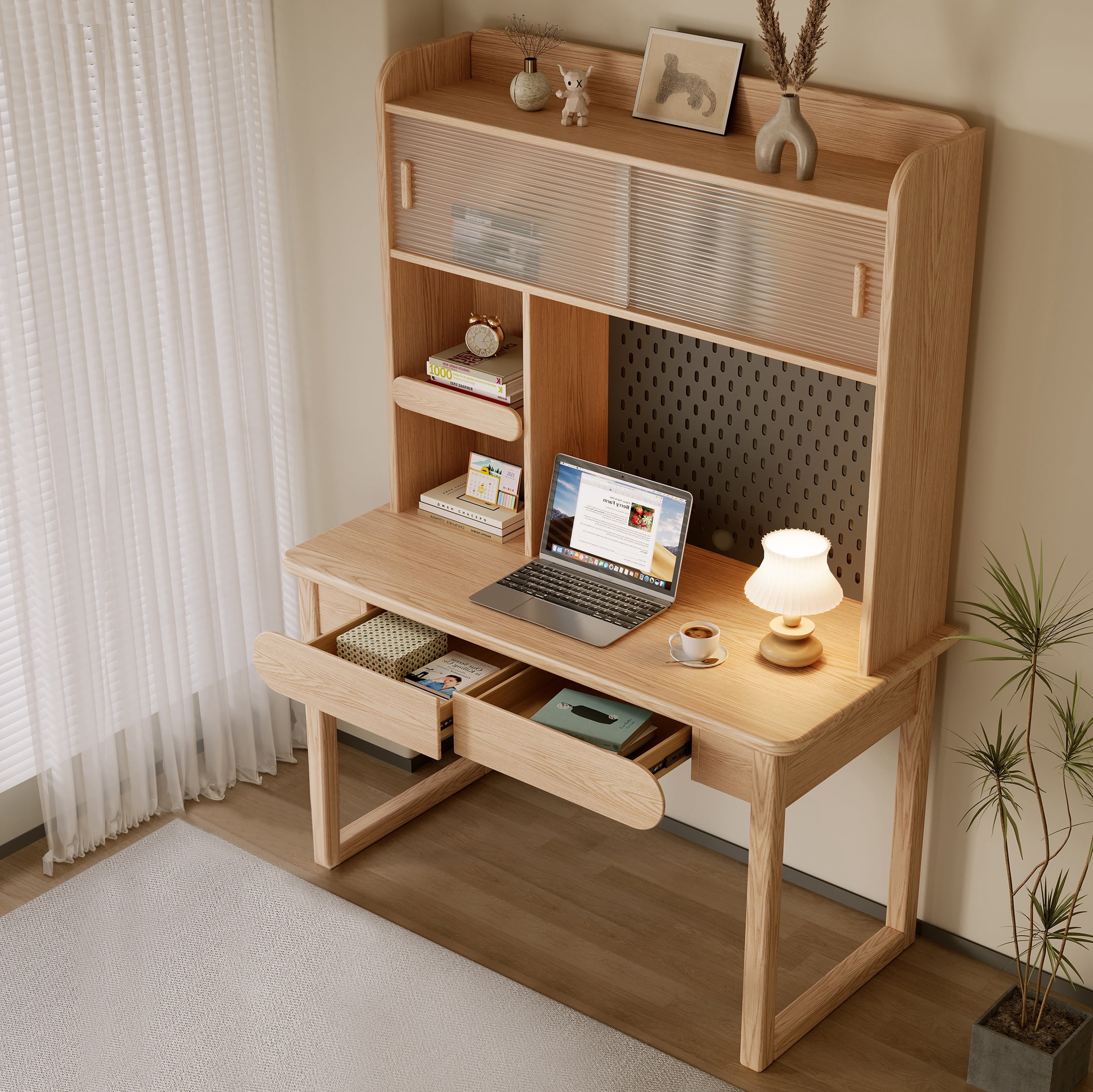 BALANBO Modern Wooden Kids Desk with Hutch and Bookshelf, Nature, Wood of Ash
