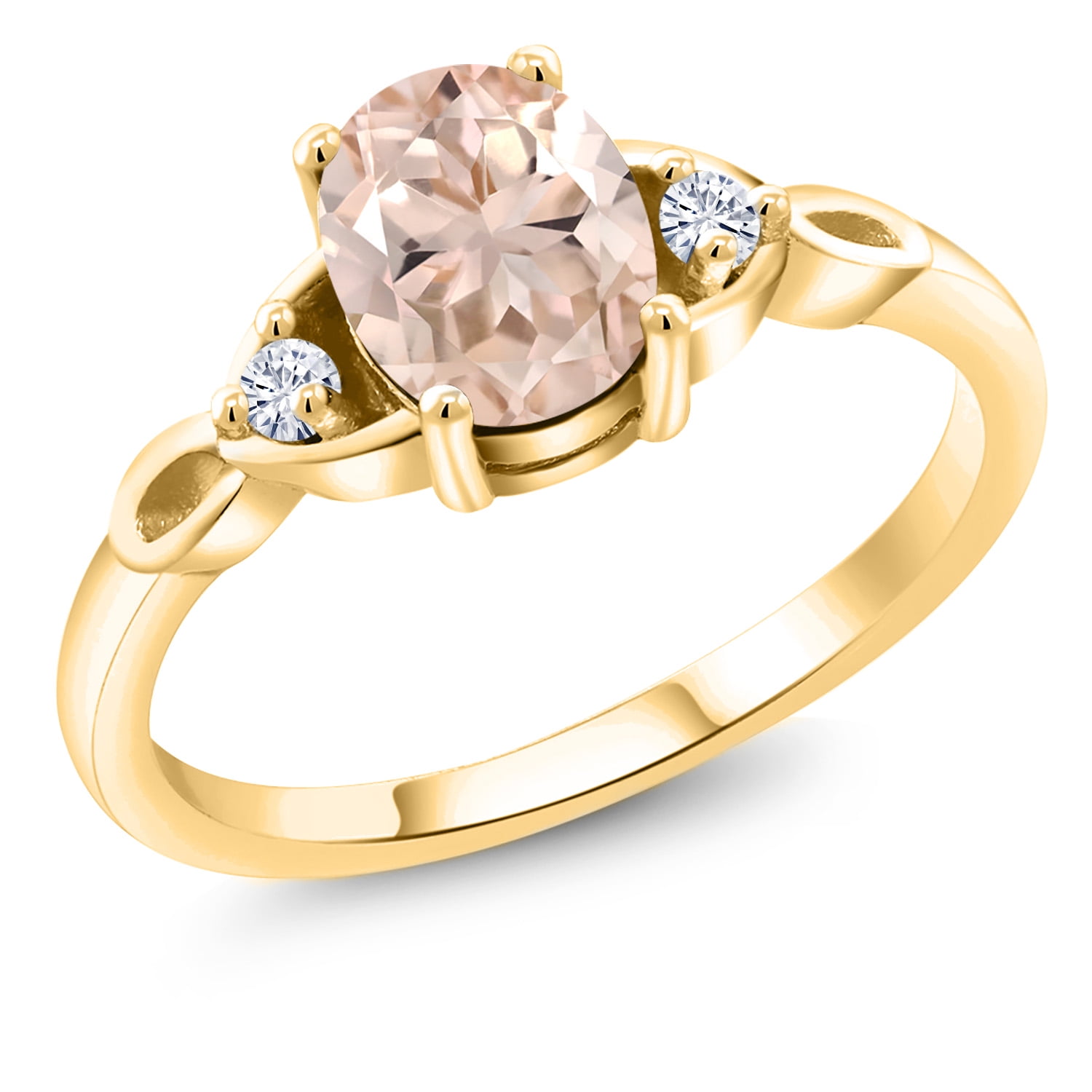 Gem Stone King 18K Yellow Gold Plated Silver Peach Morganite and White Moissanite 3-Stone Rings for Women (1.08 Cttw, Gemstone October Birthstone, Oval 8X6MM, Available in Size 5, 6, 7, 8, 9)