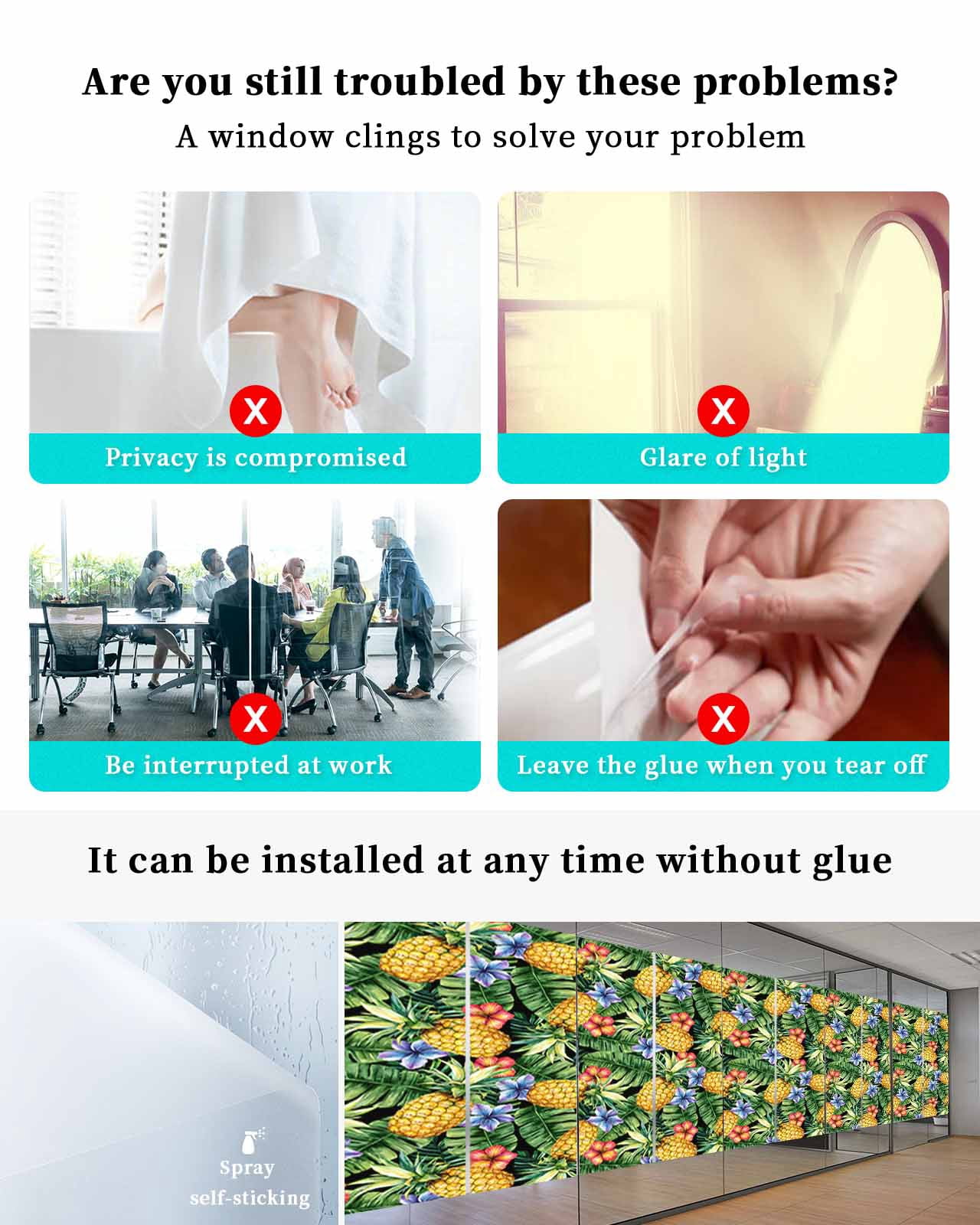 Window Privacy Film Pineapple Stained Glass Window Film Decorative Sun Block Window Cover Summer Fruit Green Tropical Palm Leaves Window Clings Static Adhesive Sticker for Bathroom 19.6"x39.3"