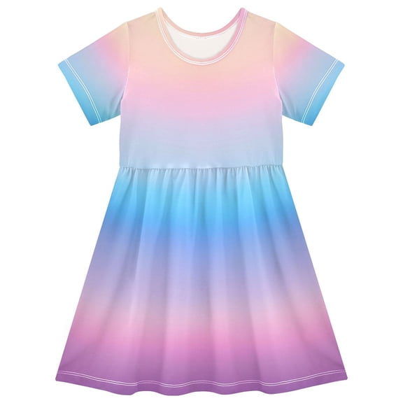 joogoo Blue Gradient Pink Girls' Short Sleeve Dress Kids Dresses 5-6T
