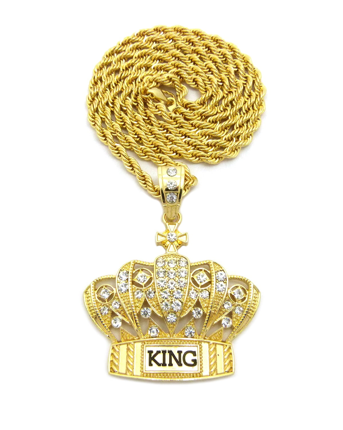 Stone Stud King Royal Crown Pendant with Chain Necklace 4mm 36" Gold