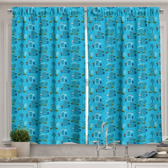 Ambesonne City Themed Kitchen Curtains, Linear Town Door Bush, 55"x45", Sky Blue Sea Blue