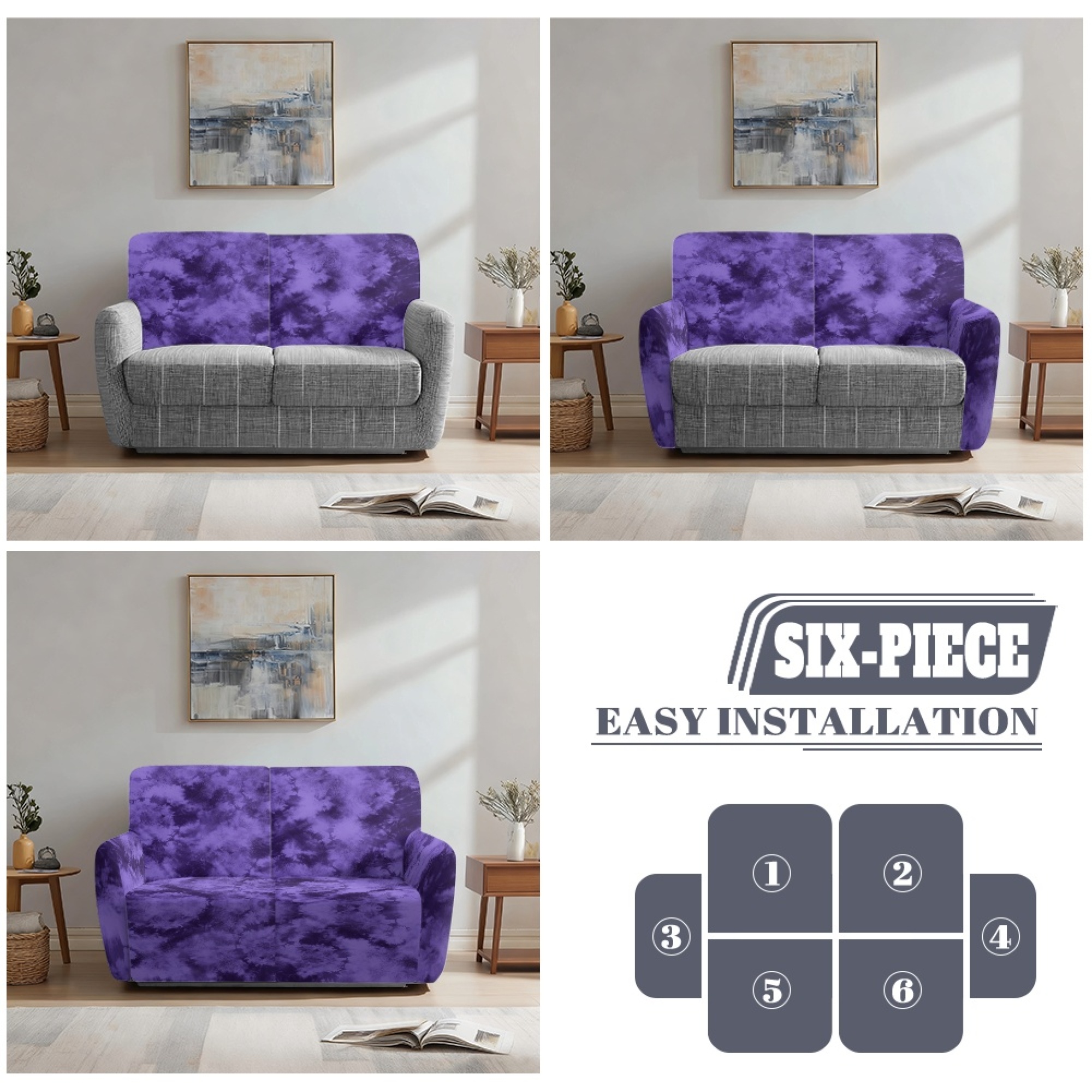 TSOVTHRID Purple Tie Dye Print Loveseat Covers 6-Piece Stretch Furniture Protector Non Slip Couch Slipcover for Dogs Pets Loveseat Slipcover Stay in Place