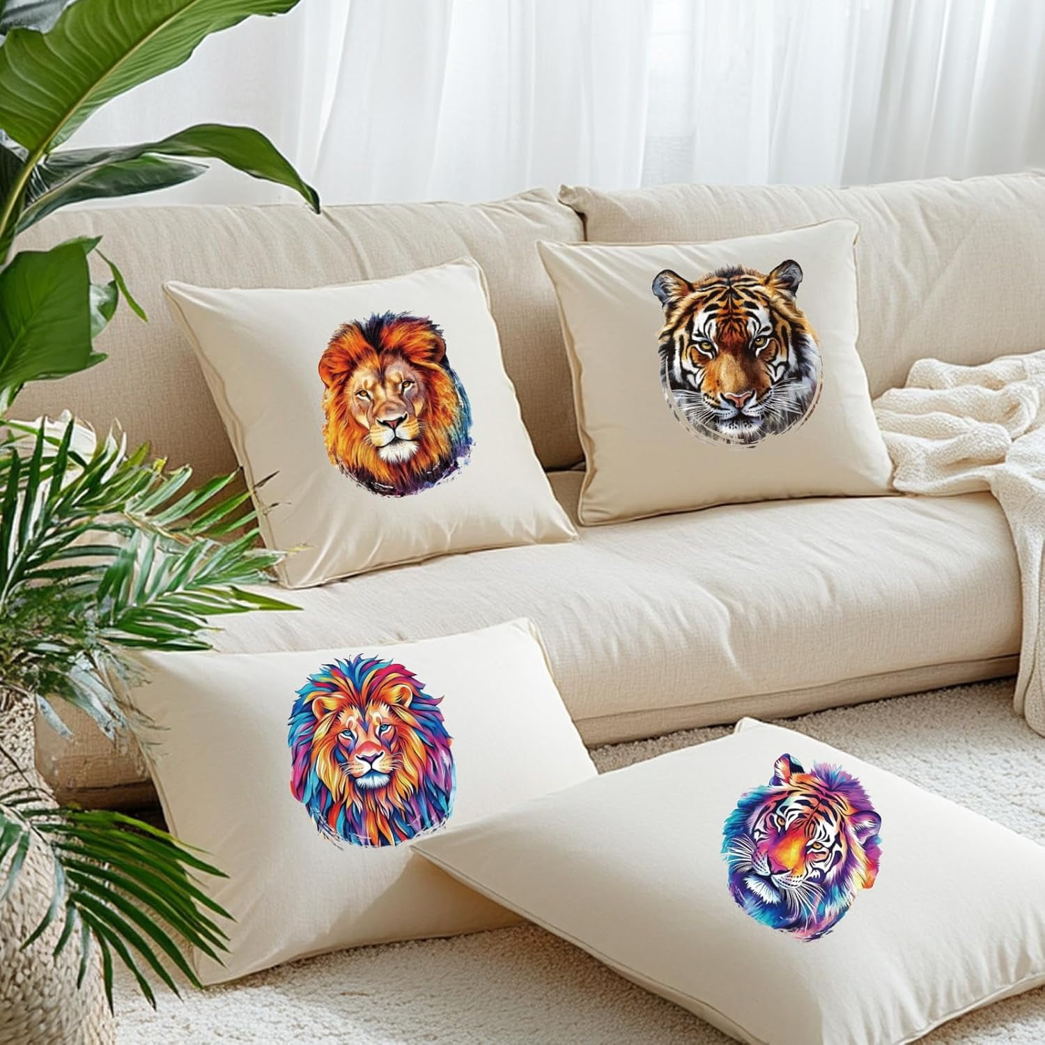 1 Set 4PCS Lion and Tiger Iron On Transfer Patches Animal Heat Transfer Stickers DIY Iron On Decals Washable Heat Transfer Paper for Clothing T-Shirt Backpacks Bag Pillow Decor Applique