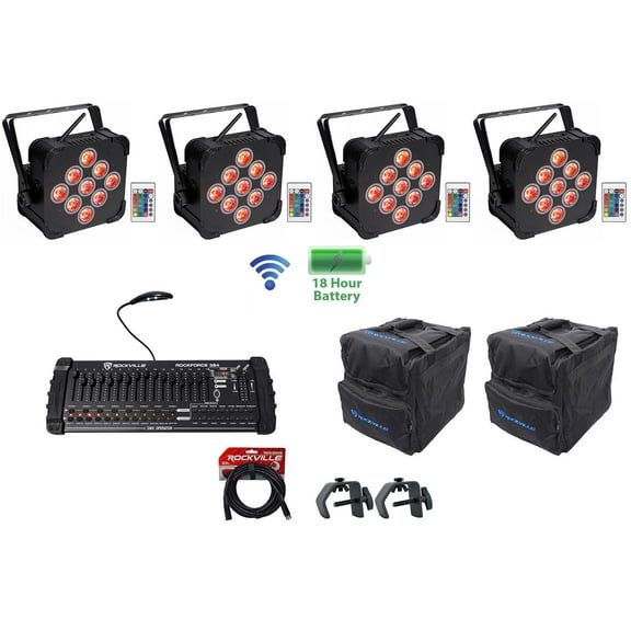 4) Rockville BEST PAR 60 Rechargable Wash Lights w/ Wireless DMX Bags Controller