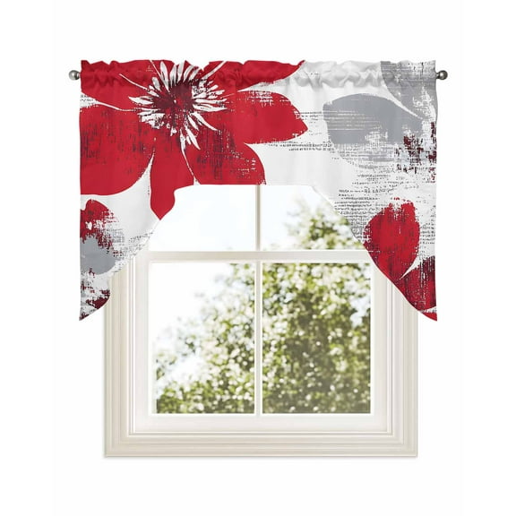 Red Spring Floral Kitchen Curtains Swag Valance for Windows/Bathroom/Cafe, Summer Flowers Botanical Rod Pocket Drape Panel Swag Curtains Valance for Bedroom/Living Room 56"x36"