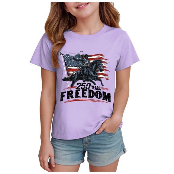 TOWED22 American Flag Holiday Tee Girls 4th of July Tops Patriotic Graphic Tshirts Short Sleeve Shirts(Purple,11-12 Y)