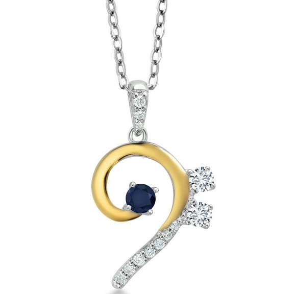 Gem Stone King 925 Sterling Silver and 10K Yellow Gold Blue Sapphire and White Lab Grown Diamond Bass Clef Music Note Pendant Necklace for Women By Keren Hanan (0.36 Cttw, with 18 inch Chain)