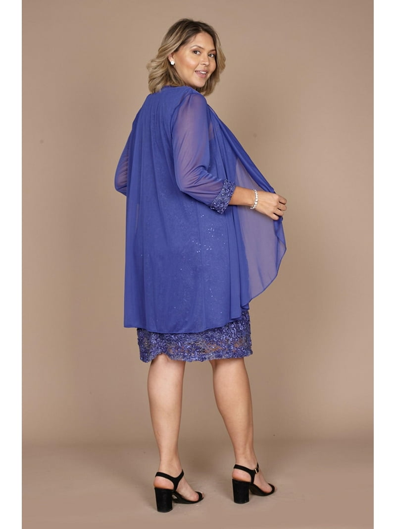 plus size mother of the groom short dresses Floral Lace Dress with Sheer Chiffon Jacket & Pearl Neckline