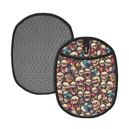 

Qekee rock record music Skull Pattern Silicone Pot Holders Oven Mitts Heat Resistant Hot Pads Non Slip Pot Holder Towel Cloth Interior Lining