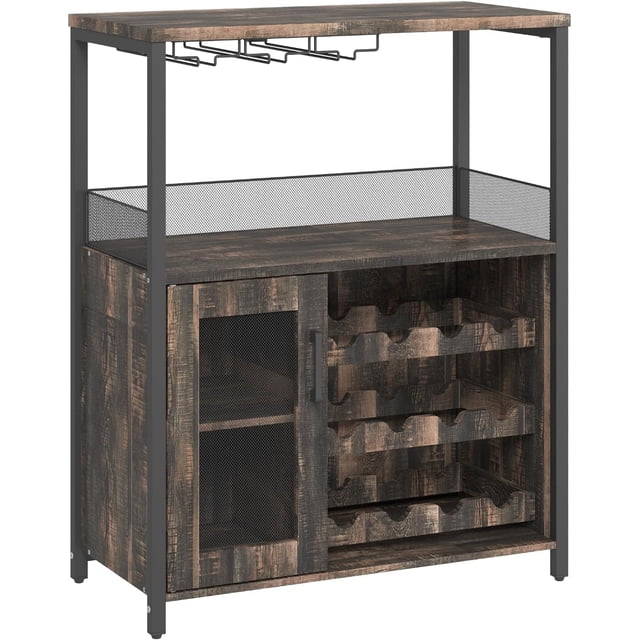 Ourlova 3-Tier Wine Bar Cabinet with Detachable Wine Rack and Drawer Industrial Sideboard and Buffet Cabinet with Glass Holder and Mesh Door Durable and Stylish Storage SolutionBurnt Color