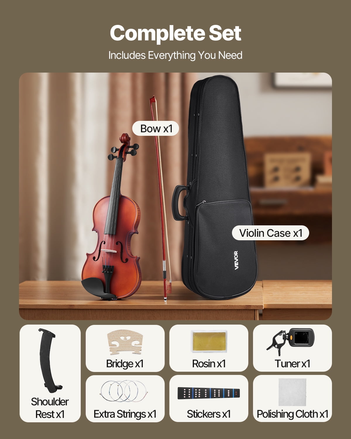 VEVOR Violin 4/4 Full Size for Adults, Violin Fiddle Set for Beginners Student with Hard Case, Rosin, Bow, Shoulder Rest,Bridge,Extra Strings,Professional Solidwood Instrument