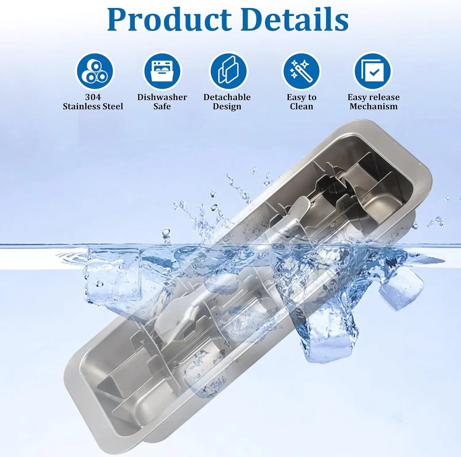 Stainless Steel Ice Cube Tray, Metal Icecube Tray with Lever and Tweezer for Freezer, Ice Making Tray with Removable Divided Trays, Retro Metalice Handle Made Icecubetray for Kitchen
