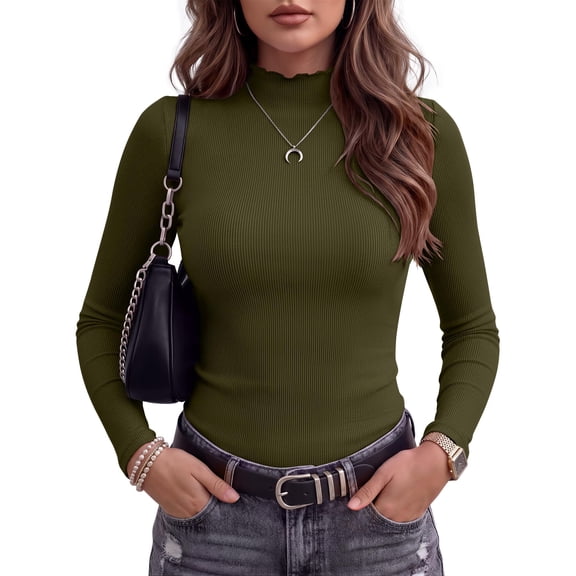Zeagoo Long Sleeve Shirts for Women Ribbed Slim Fit Tops Lettuce Trim Mock Neck Summer Fall Basic Tee