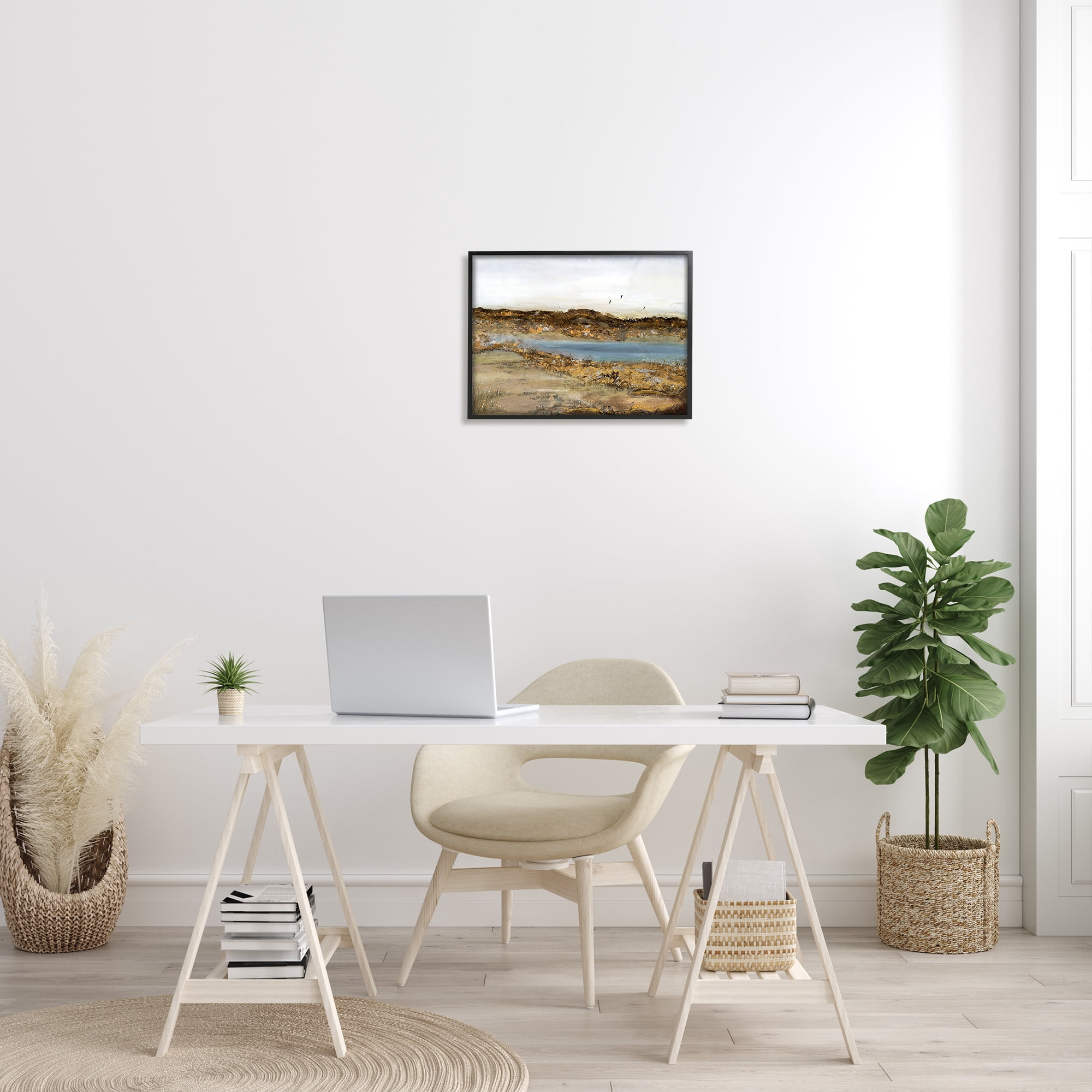 Stupell Industries Country Creek with Bird Detail Muddy Landscape Nature Painting Black Framed Art Print Wall Art, 16 x 20