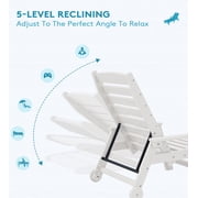 KINGYES Outdoor Chaise Lounge Chair, HDPE Patio Lounge Chair with Wheels & Cup Holder, 5-Position Adjustable Backrest, All-Weather Pool Lounger, White