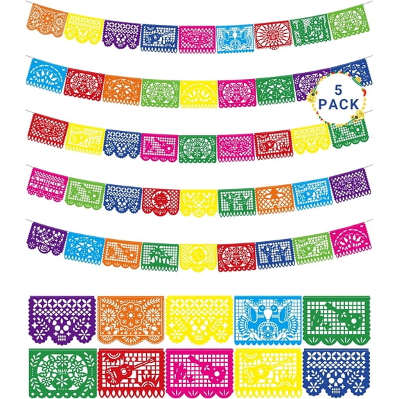90 FT Fiesta Party Decorations, 5 Pack Cinco De Mayo Banner, Large Plastic Papel Picado Mexican Themed Party Banner Dia De Los Muertos String Flags Colorful Indoor Outdoor Hanging Home Yard Decor