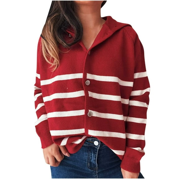 Womens Fall Collared Cardigan Long Sleeve Striped Knit Sweater Cardigans Button Front Knitwear Sweaters Red, M