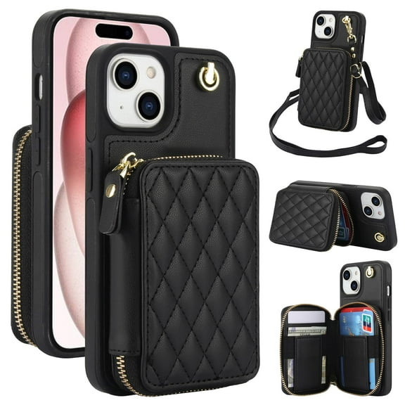 Crossbody Wallet Case for iPhone 15, RFID Blocking Zipper Handbag Purse Flip Cover, Kickstand Folio Case Card Slots Holder Wrist Strap Lanyard