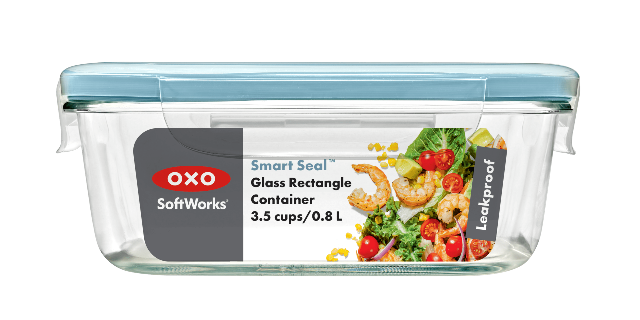 OXO Smart Seal 3.5-Cup Glass Food Storage Container, Leakproof Rectangle Glass Meal Prep Container with Airtight Lid for Leftovers and Food Storage, Arctic Blue