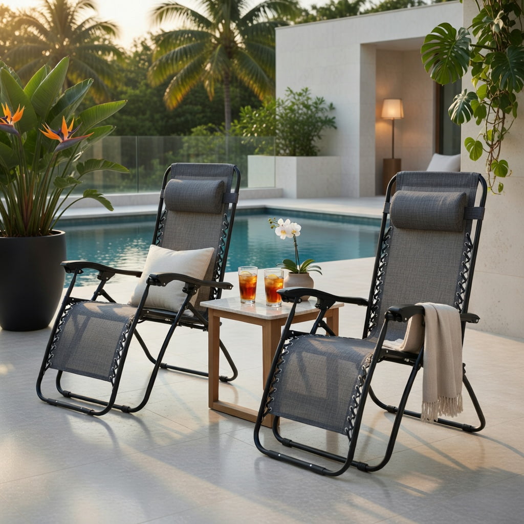 Hommoo 3-Piece Foldable Zero Gravity Lounge Chair Set with Portable Table, Steel Frame, Textilene Fabric, Outdoor Patio, Beach & Deck Recliners, Gray