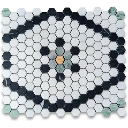 Stone Center Online Thassos White Marble 1 inch Hexagon Historic Snowflake Mosaic Tile w/Nero Marquina Black Sagano Vibrant Green Amarillo Trian Gold Honed Kitchen Bath Wall Floor Backsplash(1 Sheet)