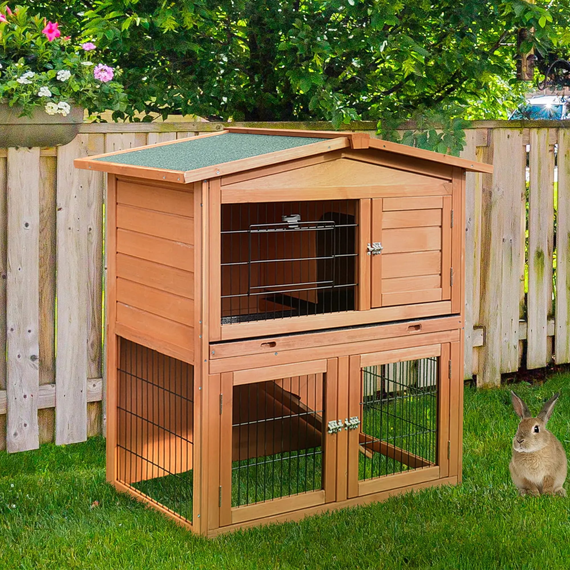 Pefilos 40" Indoor Rabbit Hutch with Run, 2-Story Chicken Coops with Ramp, Pull-Out Tray, Outdoor Bunny Cage for Rabbits or Guinea Pigs, Brown