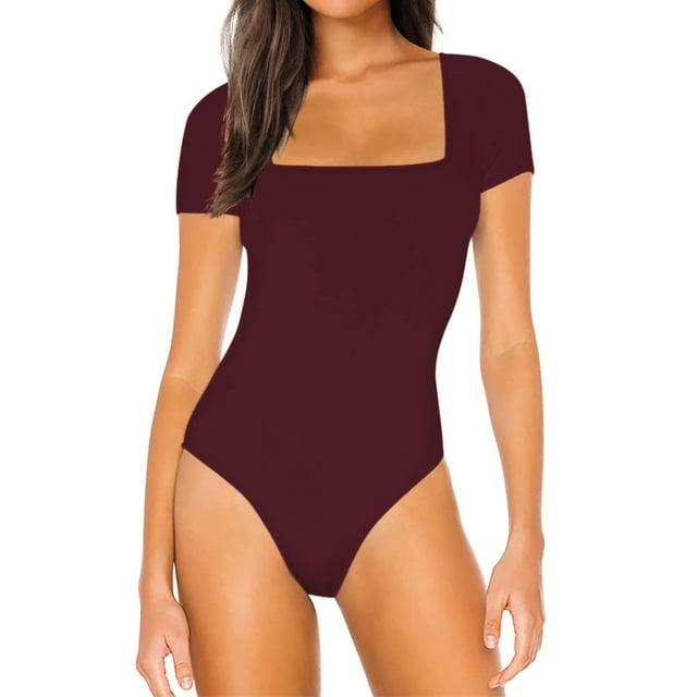 Body de manga corta para mujer, calzoncillos ajustados de Color puro con botones, mono para ropa de verano, rojo vino L