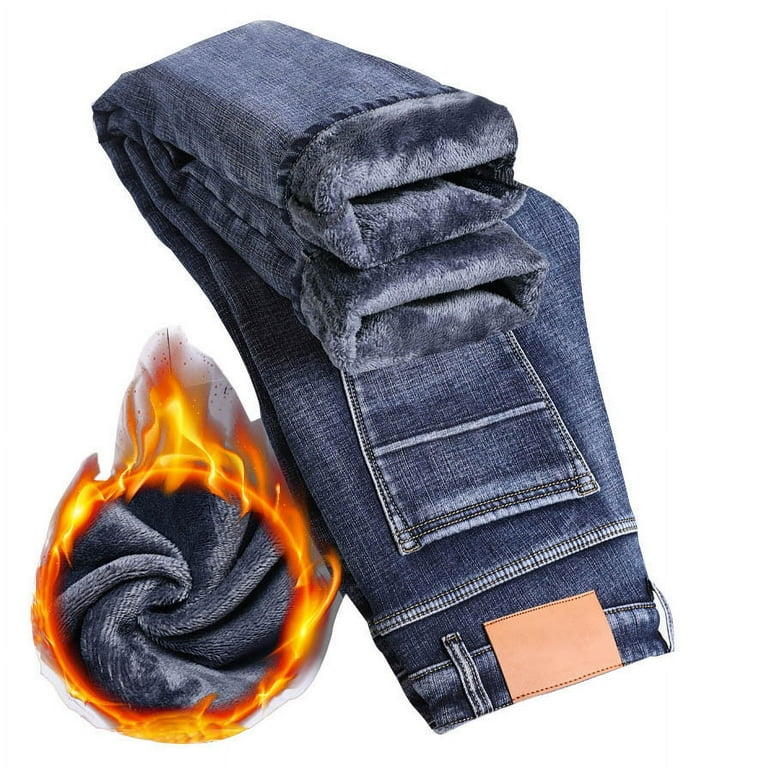 Jeans Men Winter Warm Straight Leg Relaxed Fit Denim Jeans with