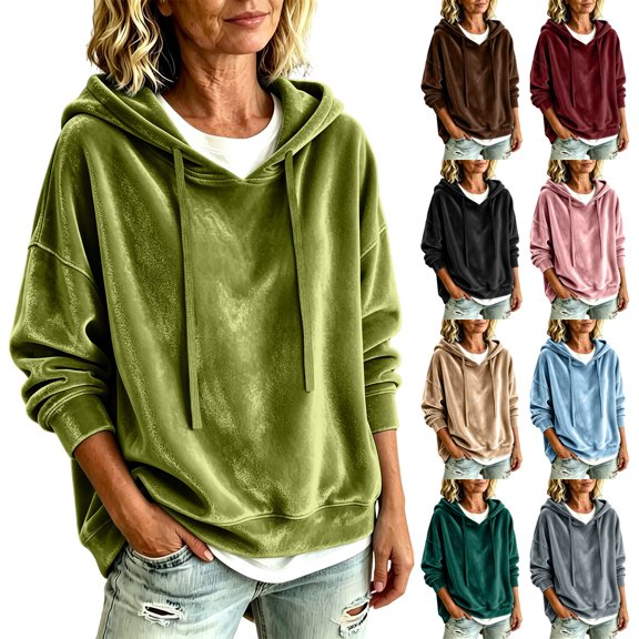 Velvet Sweatshirt for Women Long Sleeve Hooded Drawstring Pullover Tops Fall Winter Casual Oversized Hoodie (XL, Army Green)