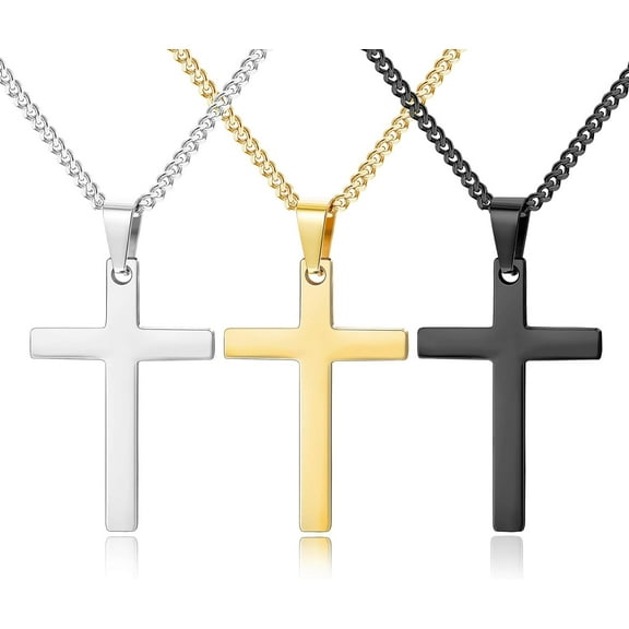 3Pcs Cross Necklace for Men Stainless Steel Silver Black Gold Mens Cross Necklaces Set Jewelry Gifts With Cross Chain And Cross Pendant 16 18 20Inch