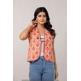 thumbnail image 5 of Nitin Textiles Women’s Cotton Quilted Waistcoat – Peach Hand Block Floral Print Sleeveless Jacket with Striped Piping & Tie Closure, 5 of 11