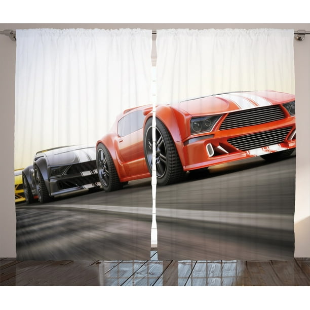 Cars Decor Curtains 2 Panels Set, Sports Car Competing on the Highway One Chasing Another Team