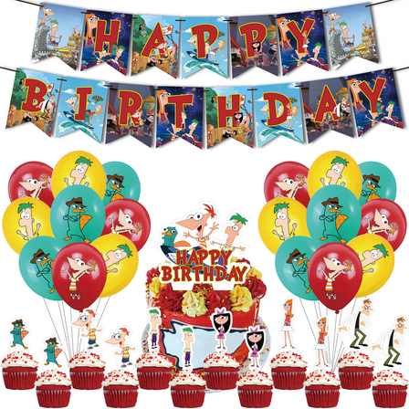 32 Pcs For Phineas and Ferb Theme Birthday Party Decorations Set with 18 Balloons,Cake Topper,1 Happy Birthday Banner Garland,12 Cupcake Toppers,All-in-One Children's Celebration Kit