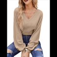 thumbnail image 3 of Blusa de Larga con Cuello en V para Mujer, Estilo Farol, Elegante, Informal, de Punto Acanalado, Corte Holgado, Otoño 2025 Caqui L, 3 of 8