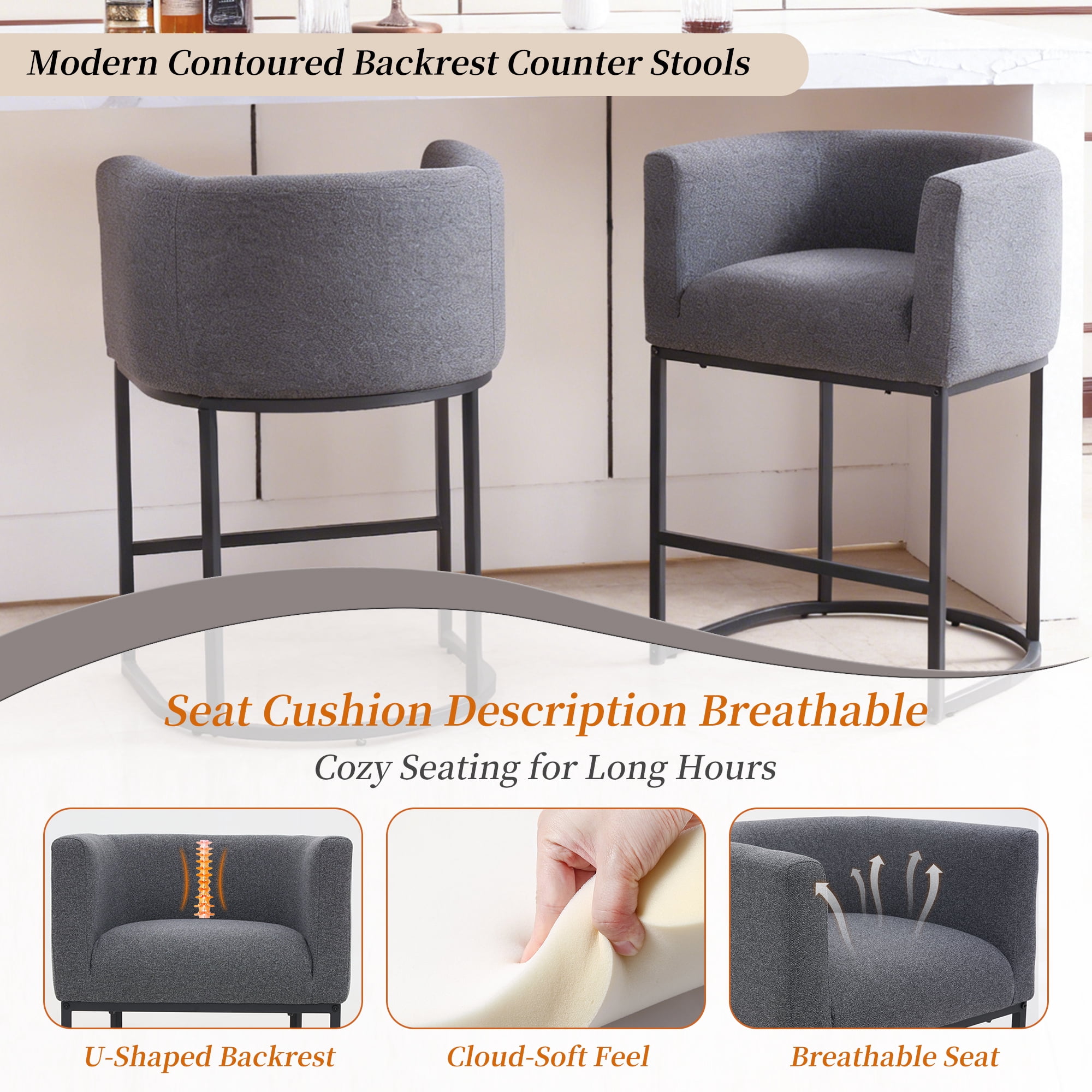 ClinQ Counter Height Bar Stool Set of 3, 26 in Fabric Upholstered Seat, Metal Legs for Indoor Dining Room and Kitchen Island, Darkgray