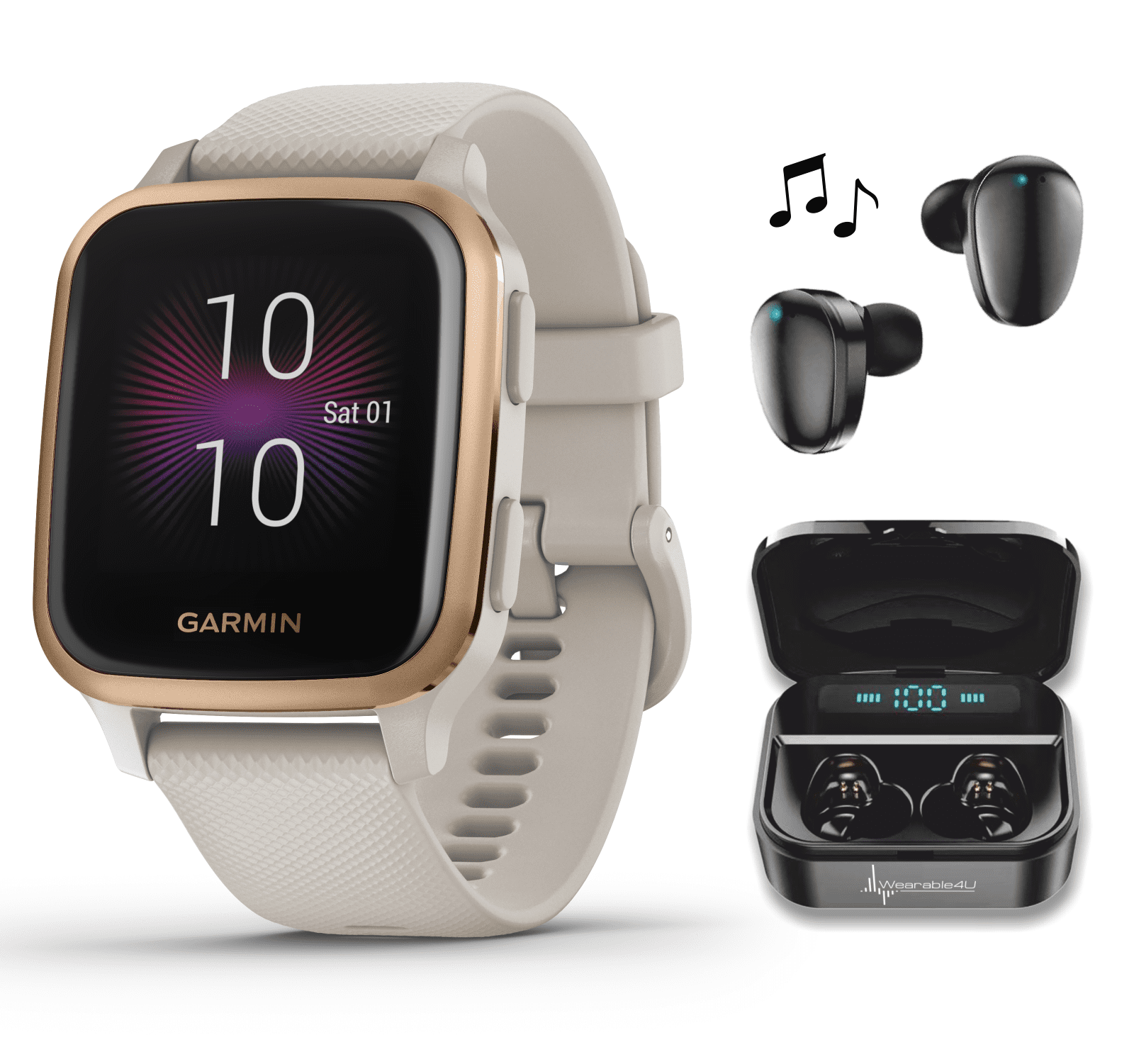 Garmin Venu Sq Music GPS Fitness Smartwatch and Included Wearable4U 3 Straps Bundle Black/Berry/Teal, Light Sand/Rose Gold 010-02426-01 