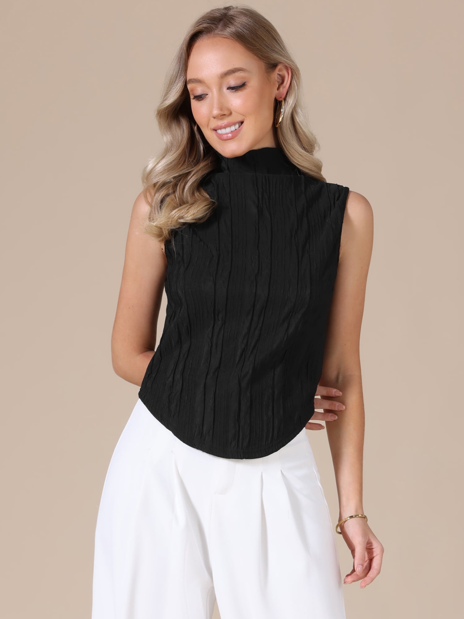 DARING DIVA Women's Sleeveless Mock Neck Tank Top Textured Business Blouse S Black