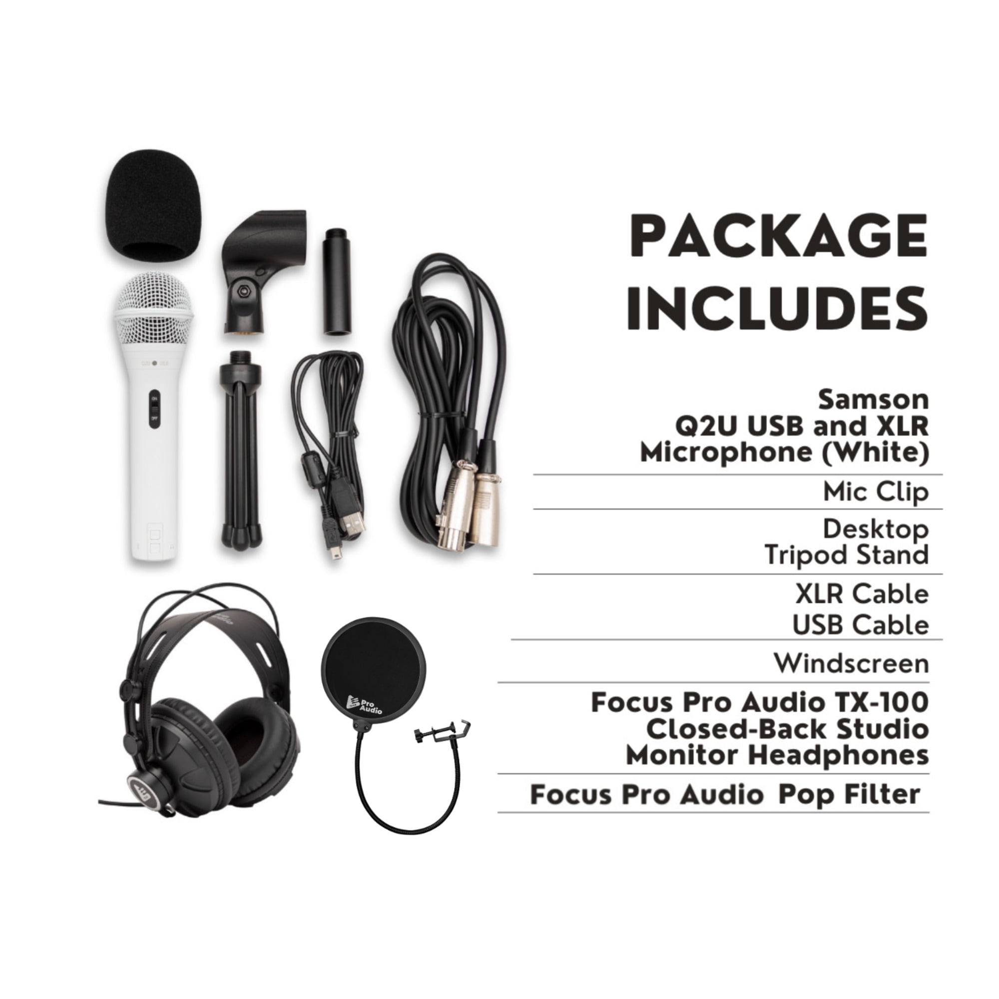 Samson Q2U USB and XLR Handheld Dynamic Microphone with Cardioid Polar Pattern (White) Bundle with Focus Pro Audio TX-100 Studio Monitor Headphones (Black), and Knox Gear Pop Filter (3 Items)