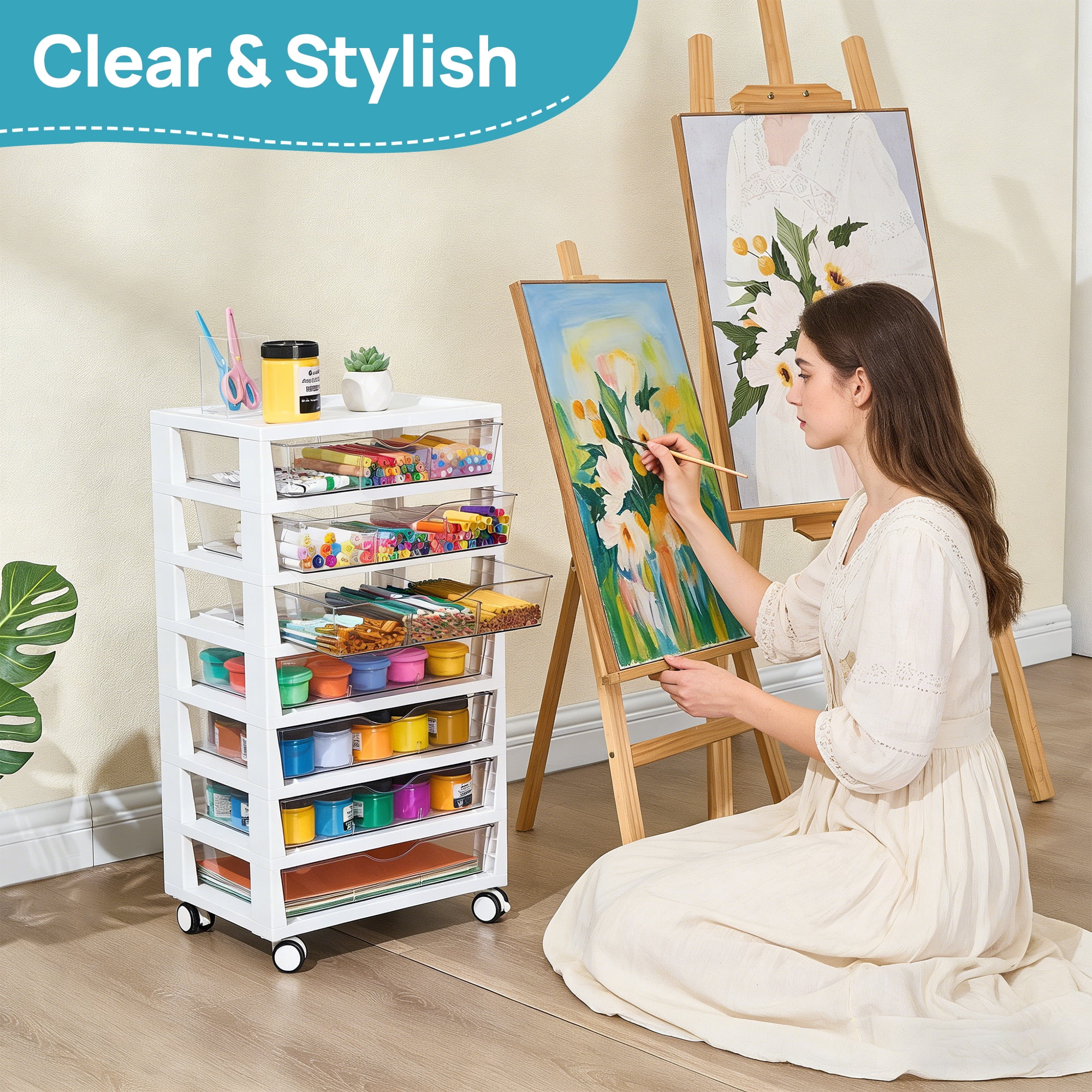 Sindcom Storage Rolling Drawer Cart, Clear Plastic Organizer with 7 Drawers and 7 Removable Dividers for Art &Office Supplies, Beauty Products, Toy, Under Desk Storage for Craft Room, Classroom