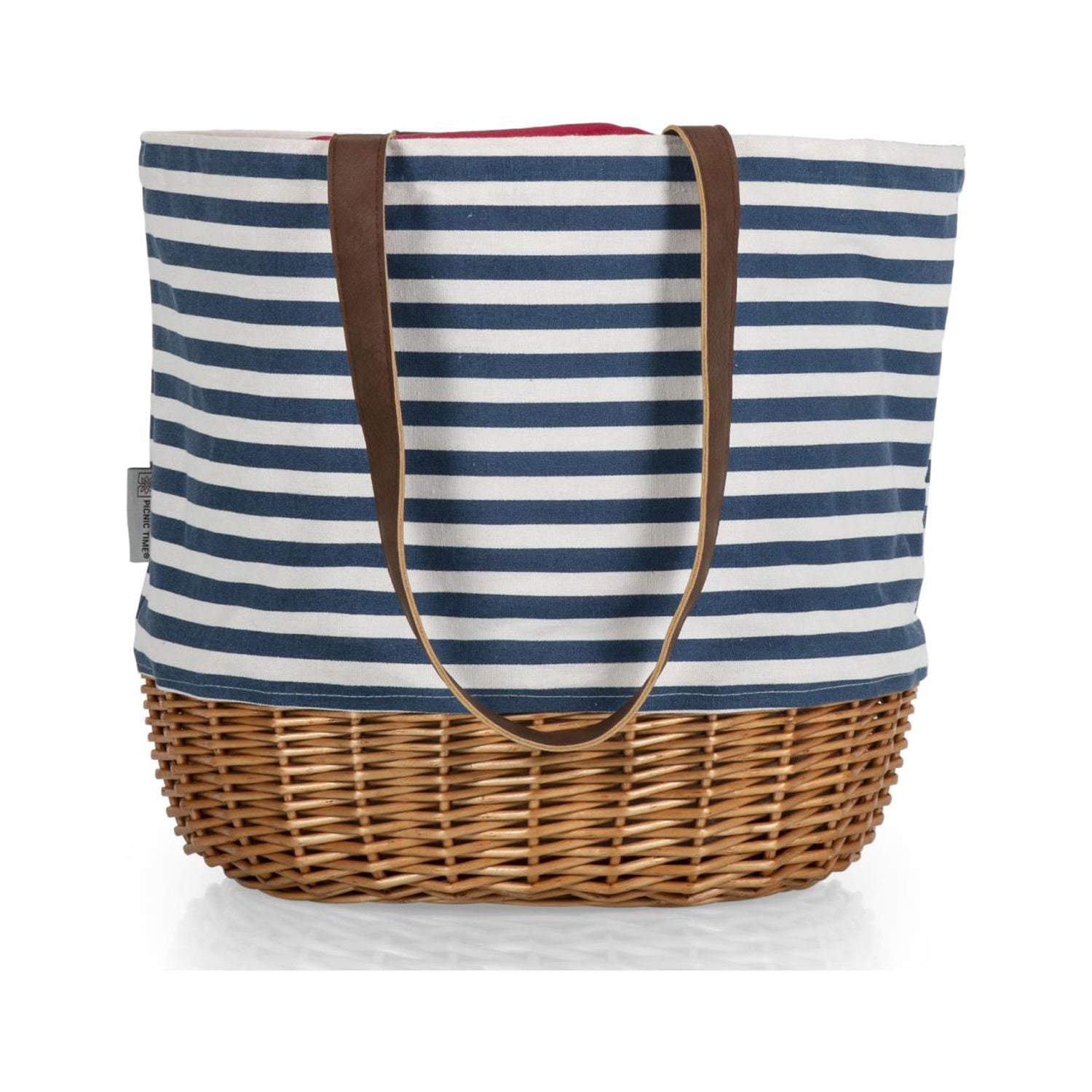 Picnic Time Coronado Canvas and Willow Basket Tote with Drawstring Closure and Wicker Base, Navy Blue & White Stripe