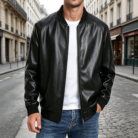 LYSMORA Men's Faux Leather Bomber Jacket Full Zip Raglan Sleeve Outerwear Rib Cuff Flight Coat for Daily Casual Wear