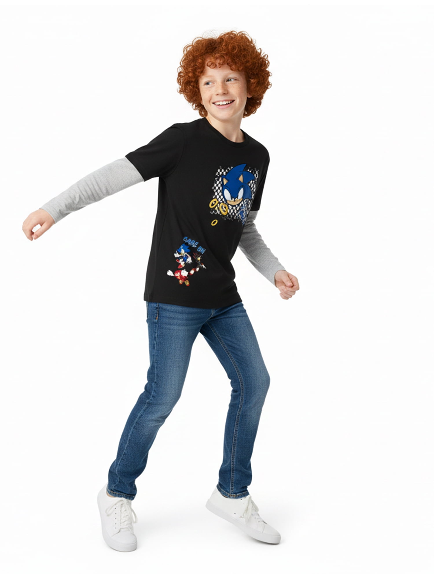 Sonic the Hedgehog, Boys' Graphic Waffle Knit Long Sleeve 2Fer, Sizes 4-18