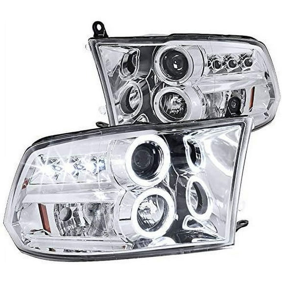LED Halo Projector Headlight Replacment Chrome Housing Clear Lens Made For And Compatible With 2009 - 2018 Dodge RAM 1500 2500 3500 09 10 11 12 13 14 15 16 17 18