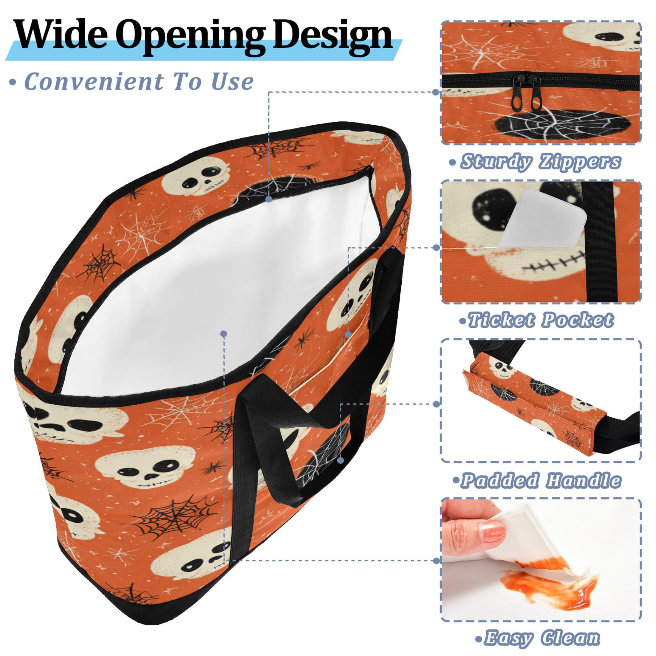 Extra-Large Wide Opening Design Capacity Hand-Held Ice Pack Thickened Insulation Layer For Long-Lasting Cold Retention For Outdoor Shopping Picnics And Camping Cartoon Skulls and Cobwebs