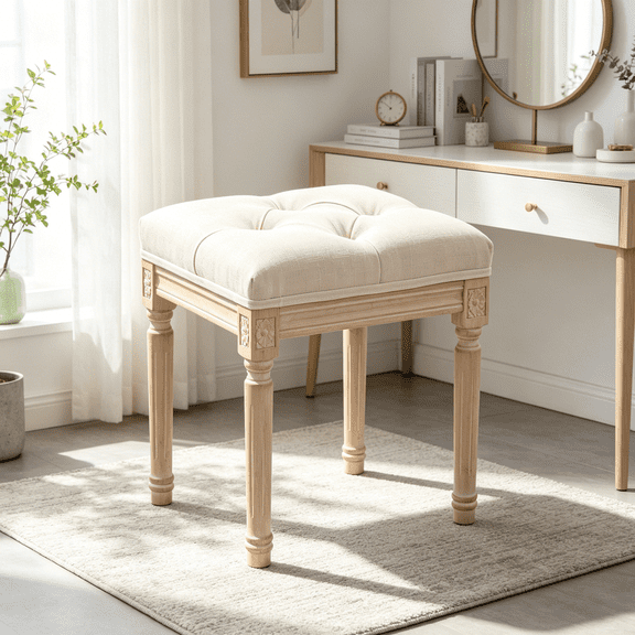 Upholstered Tufted Bench with Wood Legs, French Style Linen Fabric Stool for Entryway, End of Bed, Living Room