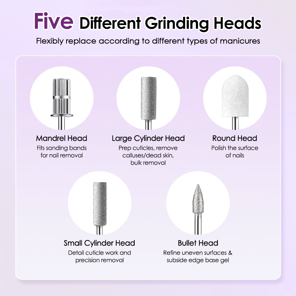 Electric Nail Drill Kit with UV Lamp, Manicure Pedicure Tool with 6 Grinding Heads, 3 Speeds Cordless Nail File with Removable Dust Cover, White