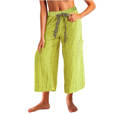 Trousers Pants for Women Striped Casual Pants Elastic Waist Drawstring Capri with Pockets Leather Pants for Women Yellow XL