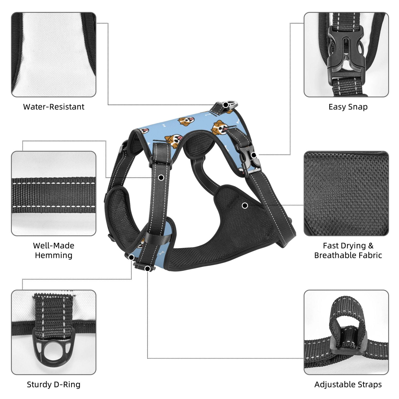 Vsdgher Terrier Pattern Dog Harness,No Pull Pet Harness with Soft Padded Handle,Adjustable Reflective Vest with 2 Buckles,4 Slide Buckles,S-XL X-Large
