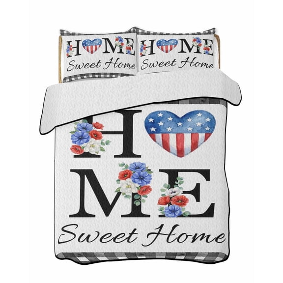 Twin Quilt Bedding Set, 250th Anniversary Reversible Summer Quilt 3 Pieces, Home Sweet Black Plaid 4th of July Lightweight Bedspreads Coverlets with 2 Pillow Shams for All Seasons